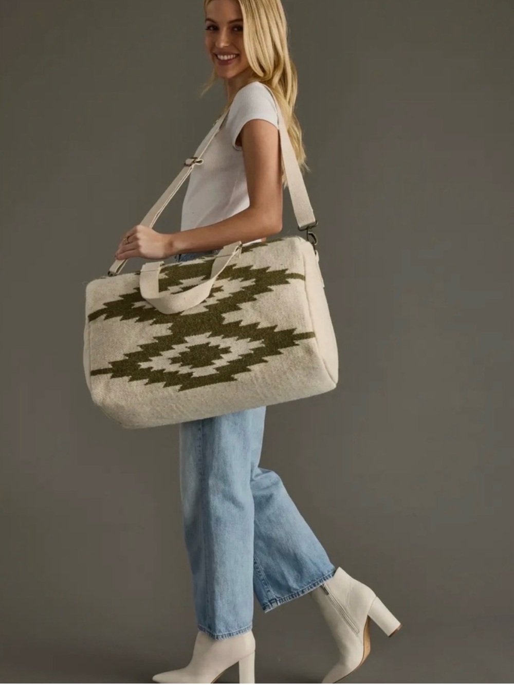 NWT panache Apparel Co. Aztec-Pattern Canvas Travel Duffle Bag in Olive & Cream - Picture 2 of 3